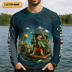 Maxcorners Born To Fish Forced To Work Funny Skeleton Fishing UPF Shirts, Presents For Fishermen, Men's Fishing Shirt