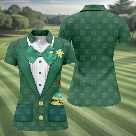 Maxcorners St Patrick's Day Green Shamrock Suit Whiskey Golf Print Golf Shirt, Women's Golf Tops, Ladies Golf Polos