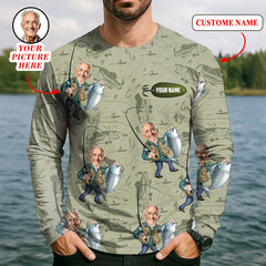 Maxcorners Funny Caricature Face Fishing Shirt, Funny Fishing Shirt, SPF Shirt, Fisherman Outfit, Mens Casual Shirts