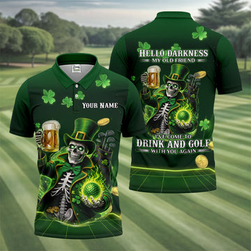 Maxcorners Hello Darkness Four Leaf Clover St Patricks Day Fun Golf Shirts For Men, St Patrick's Green Polo Shirts For Men