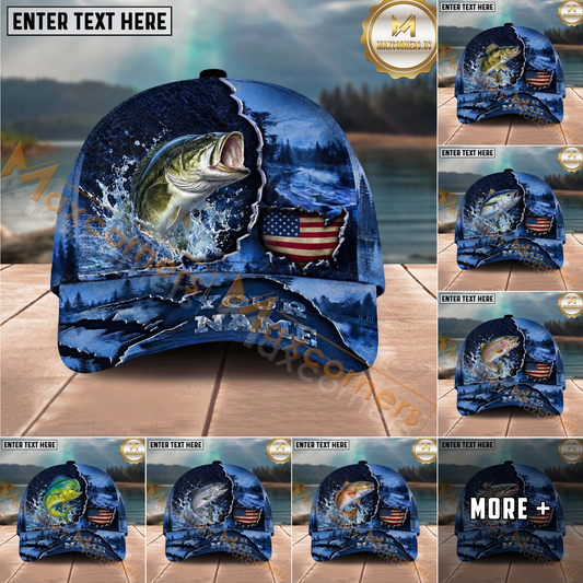 Maxcorners Fishing Midnight Bass Hunter Hooked on Nature Personalized 3D Cap  (11 Fish Species)