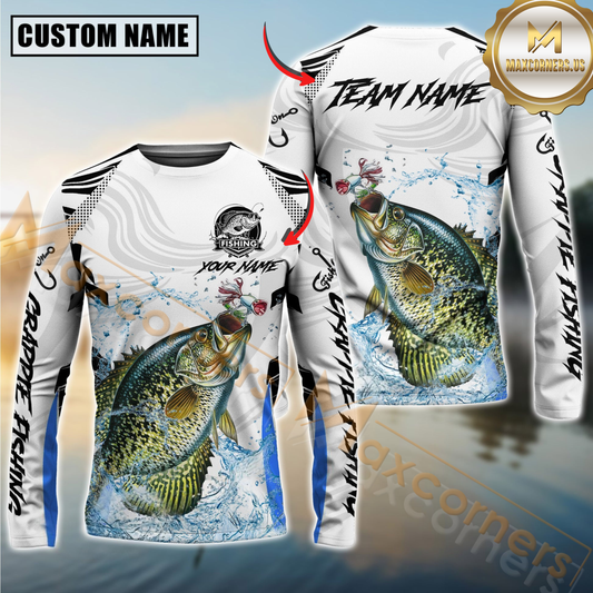 Maxcorners Crappie Fishing White Black Curve Pattern Design Custom Name & Team Name 3D Shirts