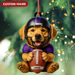 Maxcorners Personalized Football Puppy Christmas Ornament And Keychain, Custom Name Dog in Helmet Holding Ball, Cute Pet Lover Tree Decoration