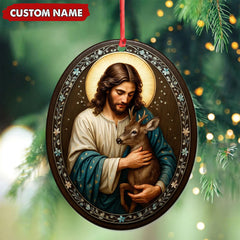 Maxcorners Custom Jesus Holding Deer Christmas Ornament, Personalized Name Christian Tree Decoration, Religious Woodland Gift for Faith Family MT2411