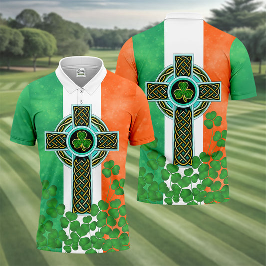 Maxcorners Celtic Cross Knotwork St Patrick's Day Shamrock Golf Shirt, Men's Golf Polo Shirts, Golf Shirts For Men