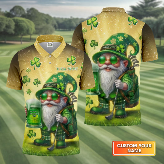 Maxcorners Happy St Patrick's Day Shamrock Gnome Golf And Beer Polo Shirts For Men, Golf Shirts For Men