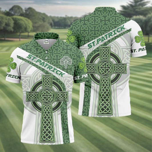 Maxcorners St Patrick's Day Celtic Knotwork Pattern Shamrock Golf Shirt, Polo Shirts For Men, Golf Shirts For Men