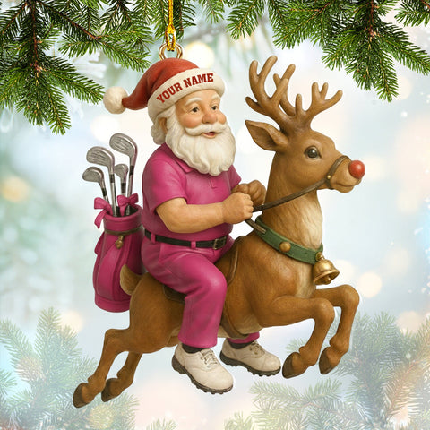 Maxcorners Pink Personalized Golf Santa Ornament – Custom Name Christmas Ornament – Funny Golf Xmas Gift for Players, Santa Riding Reindeer Tree Decoration MT1611