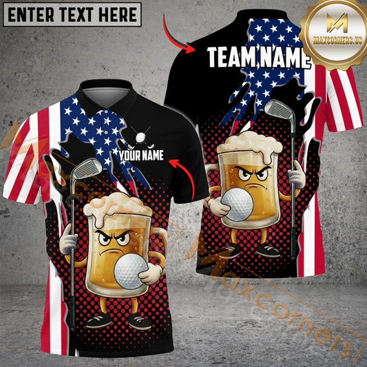 Maxcorner Patriotic Beer Golf Polo Shirt Customized Name, Team Name Shirts