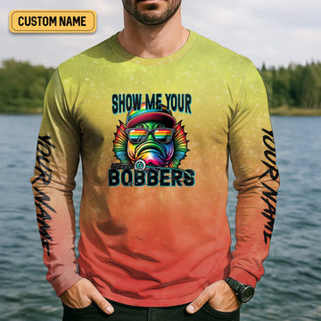 Maxcorners Show Me Your Bobbers Shirt, Orange Yellow Men Fishing Shirt, Funny Fishing Shirt, SPF Shirt