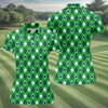 Maxcorners Green And White Lucky Four Leaf Clover Argyle Pattern St Patrick's Day Golf Shirt, Women's Golf Tops