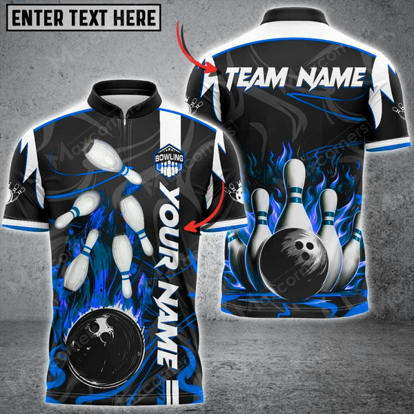 Maxcorners Flaming Strike Bowling Jersey Multicolor Option Customized Name, Team Name 3D Zipper Polo Shirt