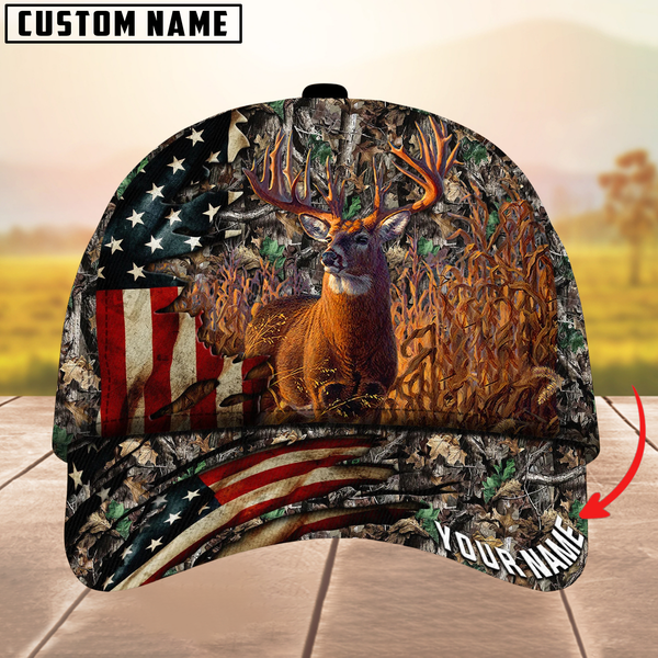 Maxcorners Deer Hunting American Flag Camouflage Pattern Multicolor Personalized Name 3D Cap