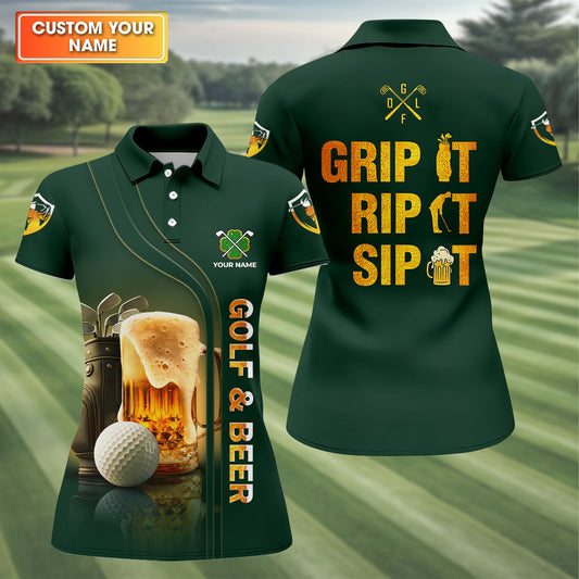 Maxcorners Grip It Rip It Sip It Golf And Beer St Patrick's Day Green Women's Golf Tops Ladies Golf Polos