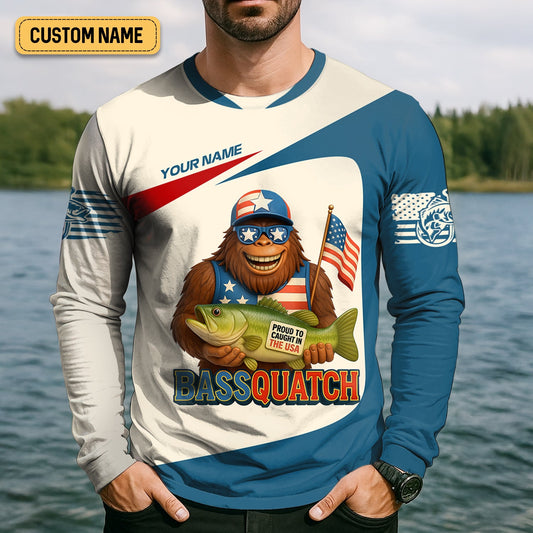 Maxcorners Bassquatch Mine's So Big I Have To Use Two Hands Patriotic Fishing Shirt, Funny Fishing Shirt