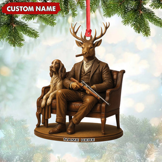 Maxcorners Personalized Acrylic Deer Christmas Ornament - Elegant Hunter Buck with Dog Holding Rifle Holiday Decor 2D Flat
