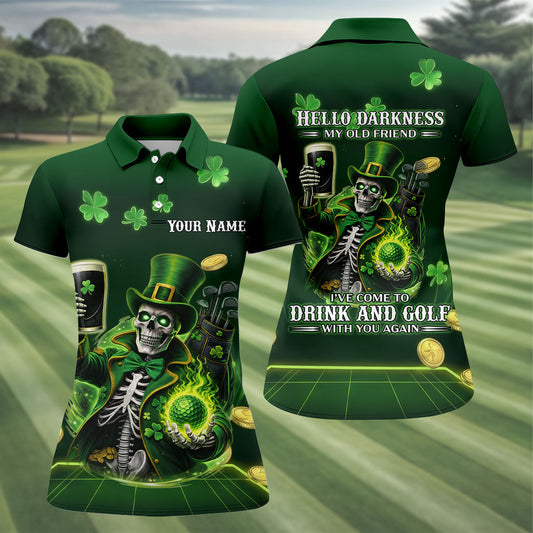 Maxcorners Irish Skull Leprechaun Hat Dark Beer Green St Patrick's Day Women's Golf Tops, Ladies Golf Polos