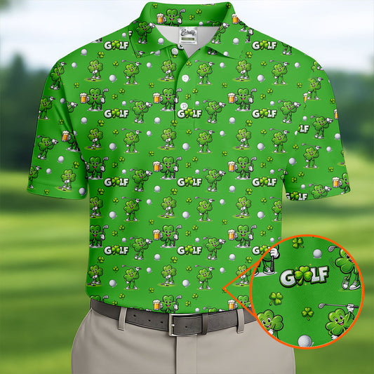 Maxcorners Three Leaf Clover Golf And Beer St Patrick's Day Green Golf Shirt, Fun Golf Shirts For Men, Polo Shirts For Men
