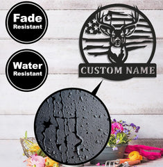 Maxcorners Custom Name American Flag Deer Hunting Metal Sign WITH LED/WITHOUT LED Light Rustic Lodge Wall Decor LM0110