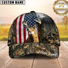 Maxcorners Hunting Whitetail Deer American Flag Forest Camo Custom Name 3D Cap