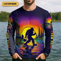Maxcorners Gone Squatchin And Catching Sunset Fishing UPF Shirts, Funny Fishing Shirt, Sasquatch Fishing Shirts For Men