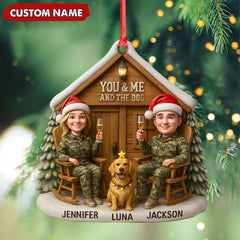 Maxcorners Personalized Hunter Couple Dog Christmas Ornament, Custom Name “You and Me and the Dog” Cabin, Cute Hunting Family Pet Lover Gift