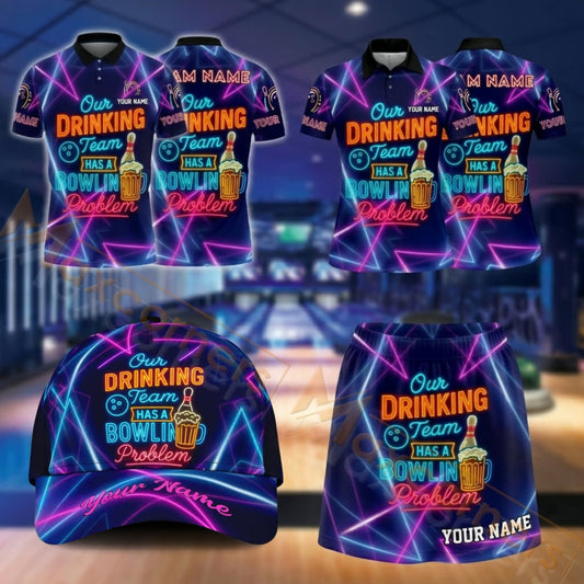 Maxcorners Bowling Neon Drinking Team Bowling Pins Design Personalized Team Sportswear Set - Polo Shirt, Cap & Skorts