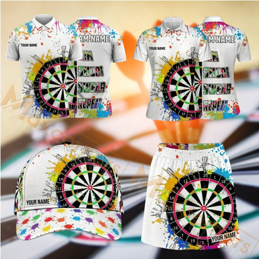 Maxcorners Darts Colorful Paint Splash Dartboard Design Personalized Team Sportswear Set - Polo Shirt, Cap & Skorts