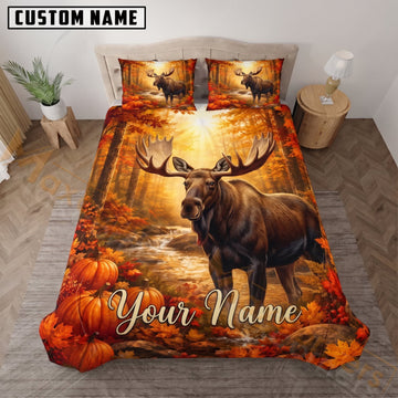 Maxcorners Moose Hunting Autumn Sunset Pumpkin Custom Name 3D Bedding Set