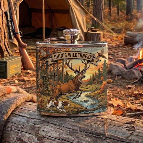 Maxcorners Hunting Deer Wilderness Mountain River Scene Personalized Name 3D Hip Flask