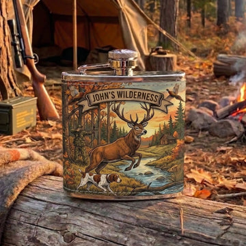 Maxcorners Hunting Deer Wilderness Mountain River Scene Personalized Name 3D Hip Flask