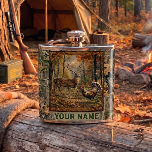 Maxcorners Hunting Vintage Deer Forest Scene Personalized Name 3D Hip Flask