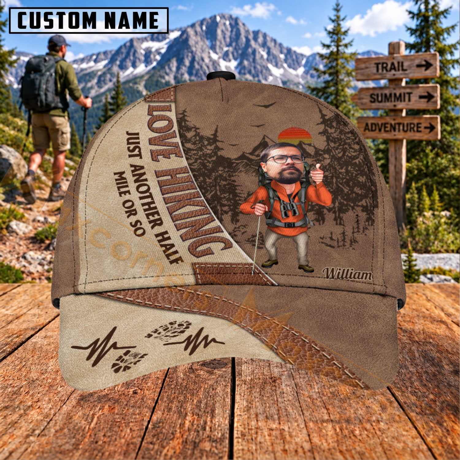 Maxcorners Hiking Mountain Hiker Adventure Personalized Name 3D Cap