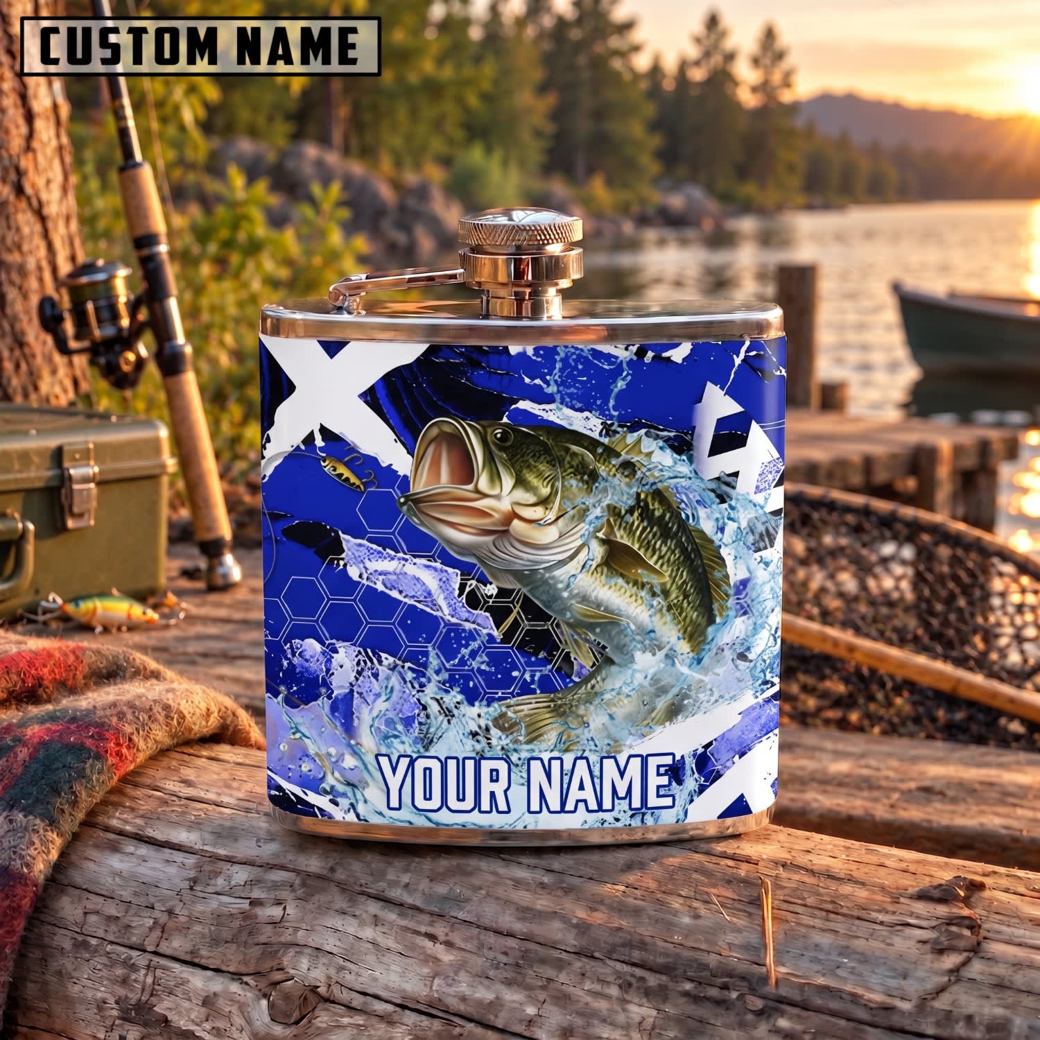 Maxcorners Fishing Largemouth Bass Blue Abstract Splash Personalized Name 3D Hip Flask