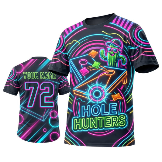 Maxcorners Cornhole Neon Hole Hunters Personalized Name 3D Unisex Shirt