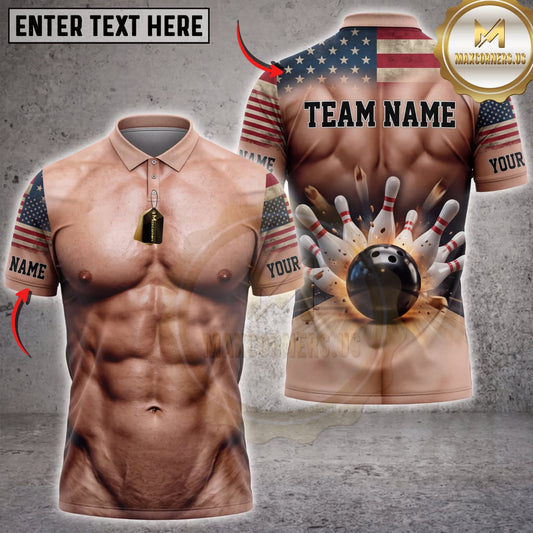 Maxcorners Bowling American Flag Suspenders Muscular Body Bowling Ball Pins Personalized Name 3D Unisex Shirt