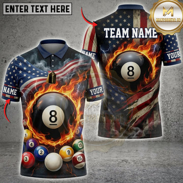 Maxcorners Billiards American Flag Flaming 8 Ball And Pool Cues Personalized Name 3D Unisex Shirt