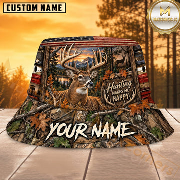 Maxcorners Deer Hunting Rustic Timber Landscape Personalized Name 3D Bucket Hat