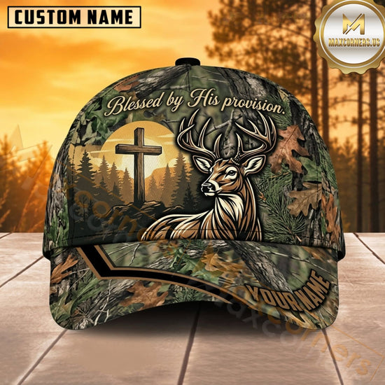 Maxcorners Deer Hunting Whitetail Deer Skull Sunset Cross Woodland Camo Customized Name 3D Cap