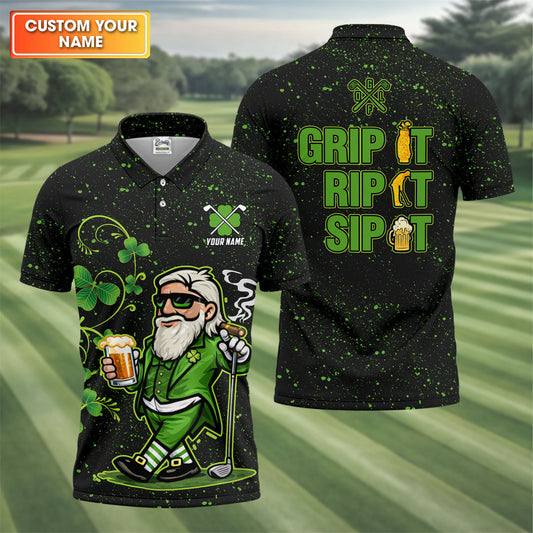 Maxcorners Grip It Rip It Sip It St Patrick's Day Leprechaun Golf And Beer Shamrock Golf Shirt, Golf Shirts For Men