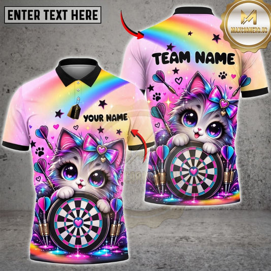 Maxcorners Darts Cute Cat Kitten Mascot Rainbow Target Board Graphic Customized Name, Team Name 3D Shirts
