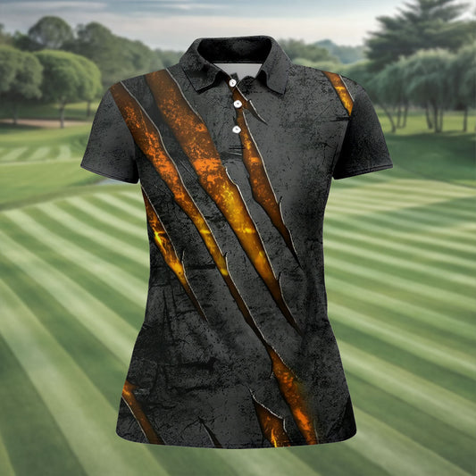 Maxcorners Yellow Claw Marks Hawaiian Golf Shirt, Scratch Print Women's Golf Tops, Ladies Golf Shirts LM1507