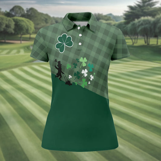 Maxcorners Green Checkered Leprechaun Shamrock St Patrick's Day Golf Shirt, Women's Golf Tops, Ladies Golf Shirts