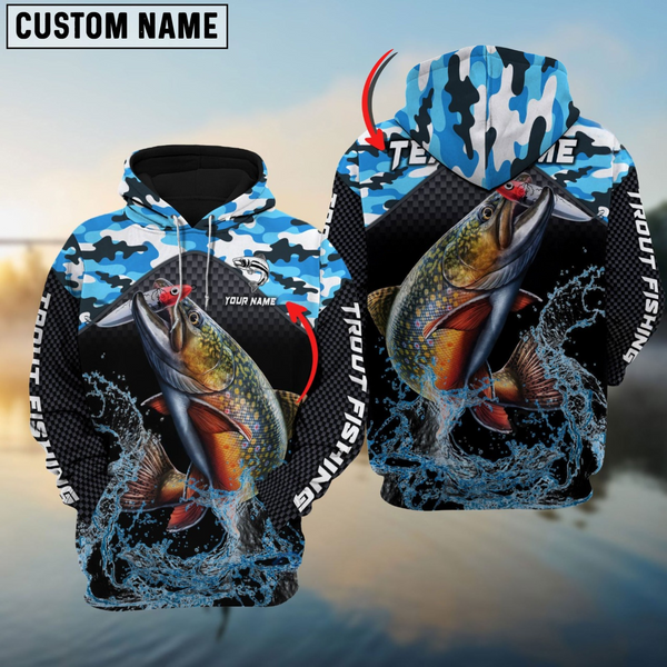 Maxcorners Trout Fishing Blue Camo Sport Personalized Name, Team Name 3D Long Sleeve Shirt