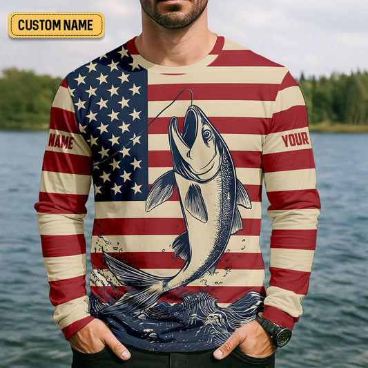 Maxcorners Personalized American Flag Fishing Shirt, Patriotic Bass Long Sleeve UPF For Men