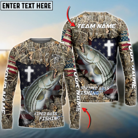 Maxcorners Striped Bass Fishing Cross Camo Personalized Name, Team Name 3D Long Sleeve Shirt
