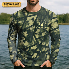Maxcorners Fish Hard Drink Easy Green Camo Funny Fishing Shirt, SPF Shirt For Men, Largemouth Bass Fishing Shirts For Men