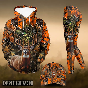 Maxcorners Hunting Whitetail Deer Orange Camo Hunter 3D Combo Hoodie, Legging Set & Cap