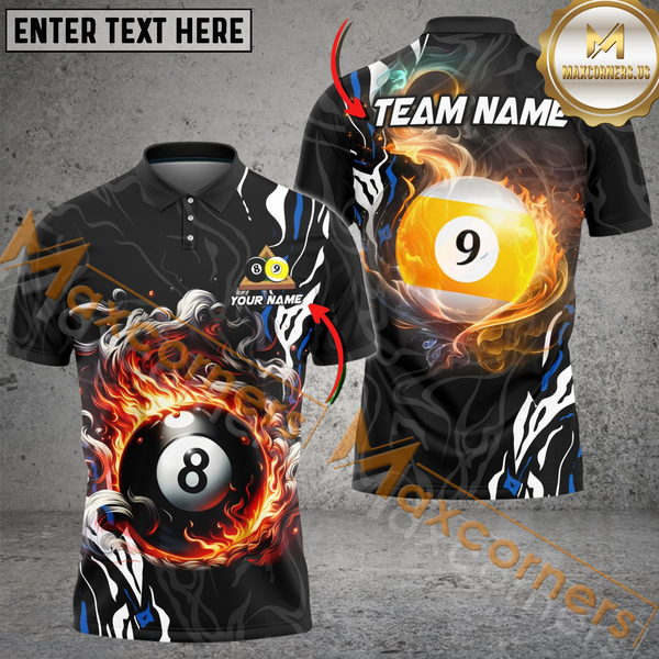 Maxcorners Billiard 8 Ball & 9 Ball Smoke Flame Multicolor Options Personalized Name, Team Name 3D Polo Shirt (4 Colors)