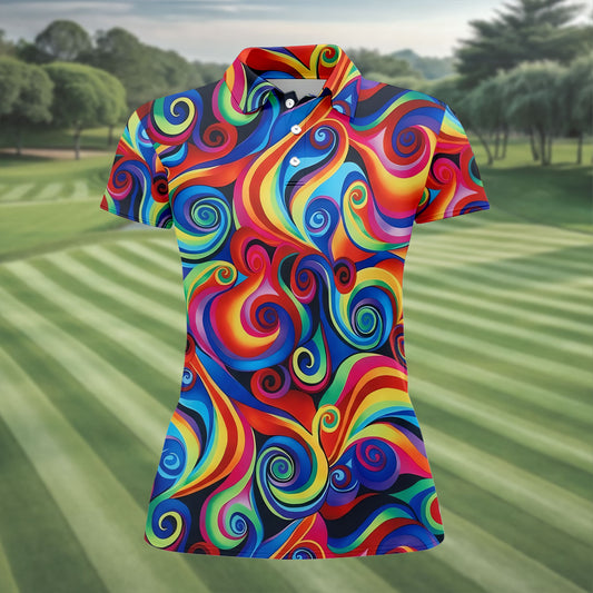 Maxcorners Colorful Rainbow Swirl Abstract Golf Shirt, Ladies Golf Shirts, Women’s Golf Apparel, Performance Golf Shirt LM1507